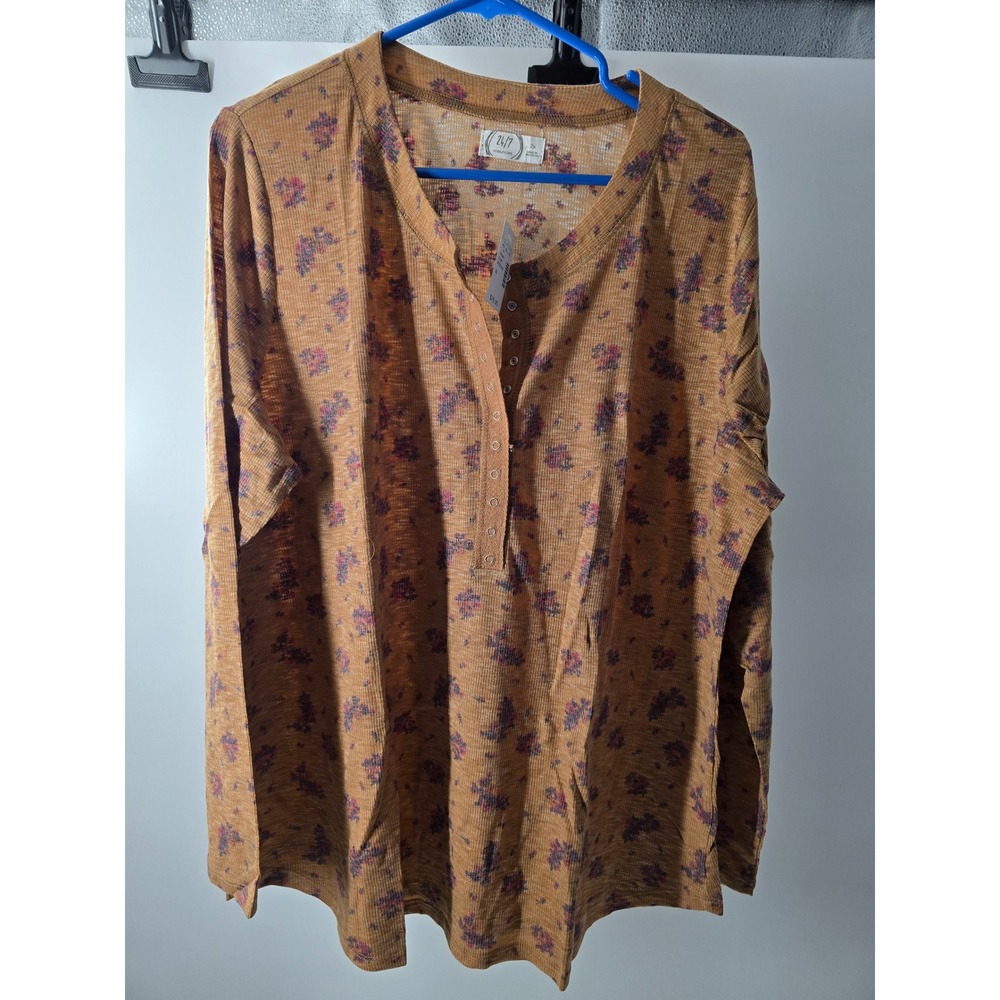 Maurices 24/7 Floral Henley Top Mustard Yellow Long Sleeve Plus 2X NWT